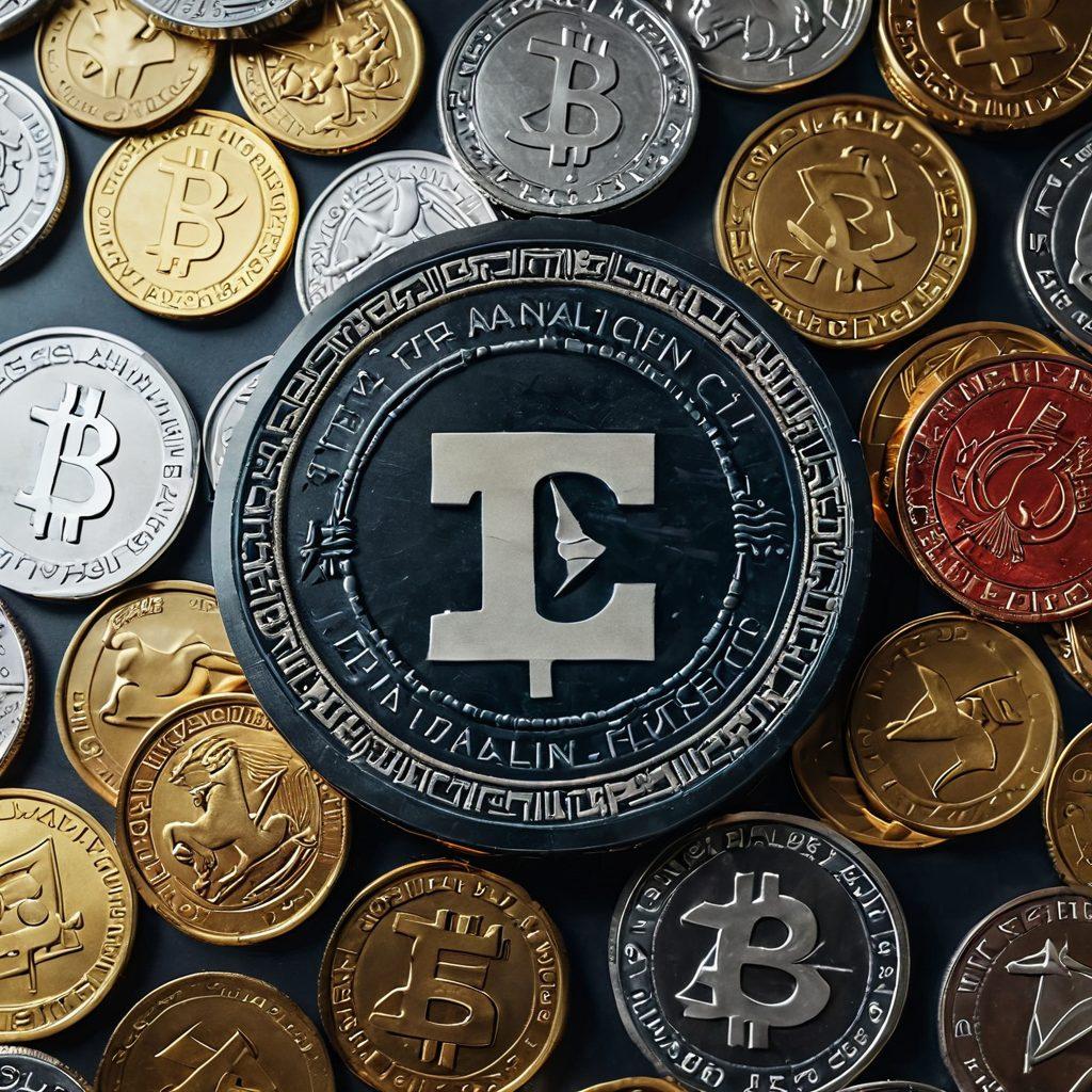 A detailed close-up of a TrajanCoin surrounded by vibrant modern cryptocurrency coins like Bitcoin and Ethereum, with a digital backdrop representing blockchain tech in motion. The coins should reflect the historical significance of TrajanCoin while highlighting the evolution into modern digital currency. Incorporate elements of history merging with technology, like ancient Roman architecture subtly in the background. super-realistic. vibrant colors. 3D.