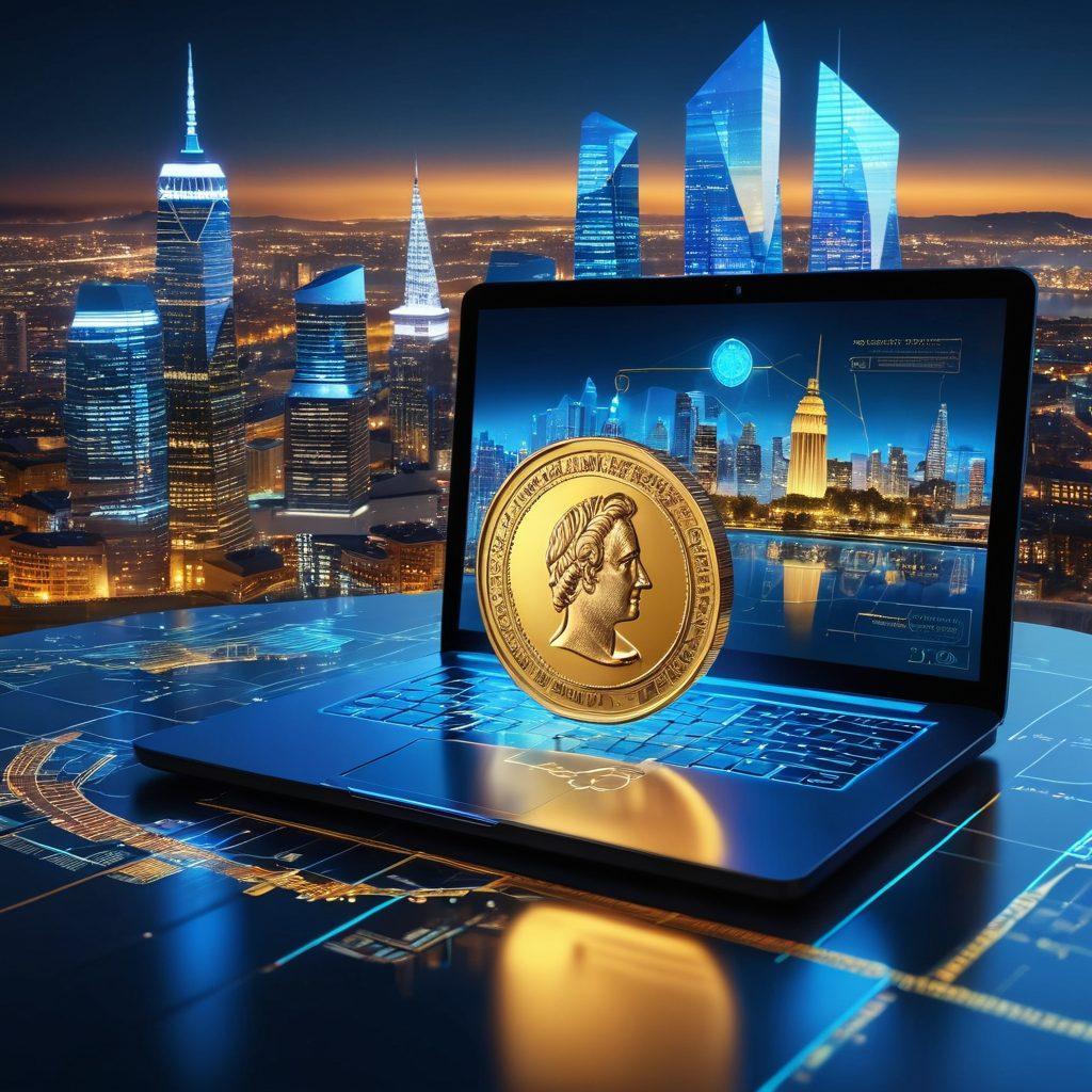 A futuristic digital landscape showcasing a glowing coin symbolizing TrajanCoins at the center. Surround it with holographic graphs and charts demonstrating wealth growth strategies in an inviting blue and gold color scheme. Integrate elements like a laptop and a smartphone to represent technology in finance. The background should feature a virtual city skyline reflecting advancements in digital currency. vibrant colors. super-realistic.